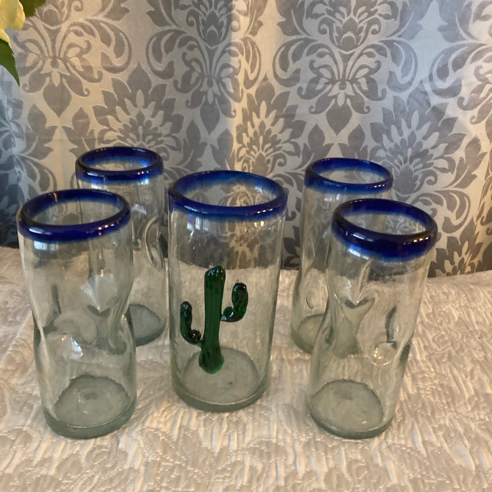 Vintage Mexican Pinched Handblown Glassware in Coblat Blue
